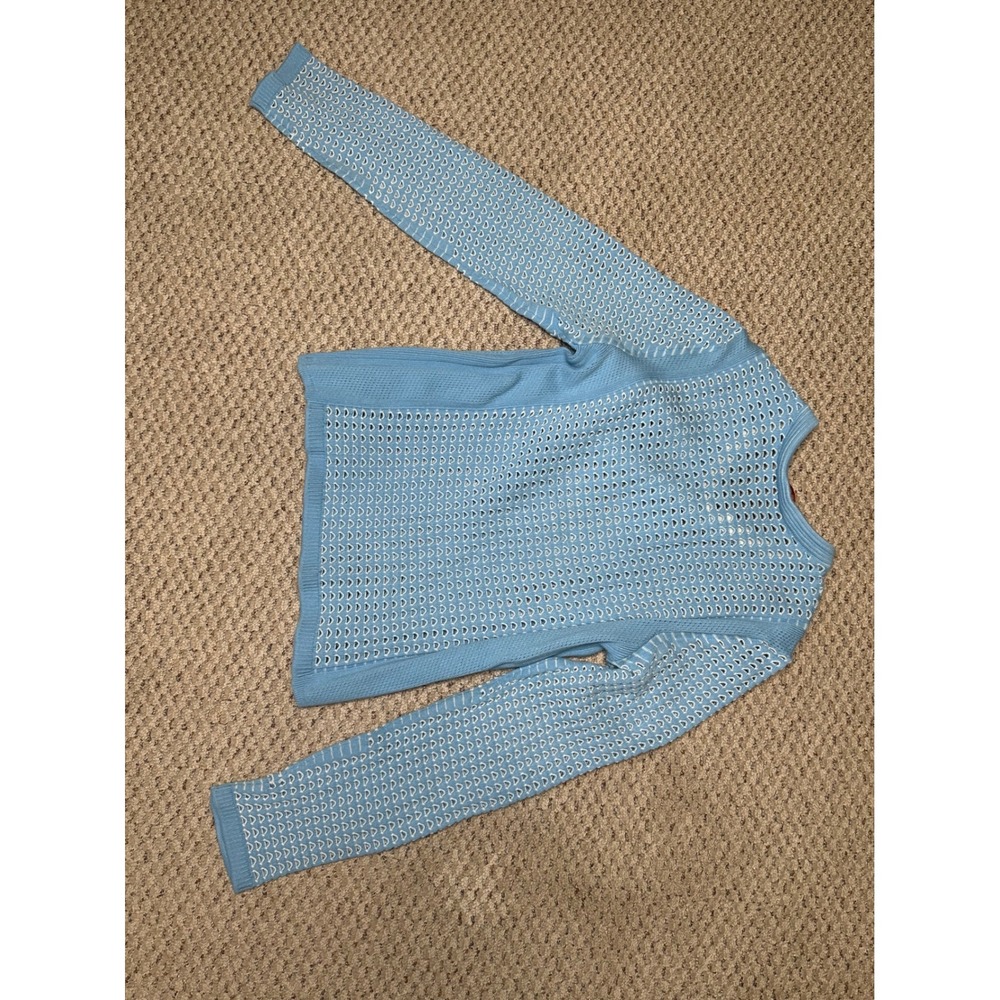 Tory Burch Light Blue White Pointelle Eyelet Knit Crewneck Sweater Womens M - Picture 4 of 8